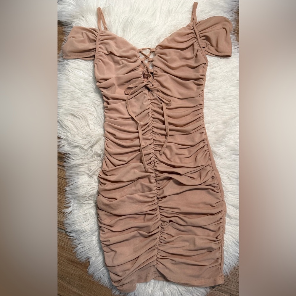 Nude Peach Ruched Lace Up Mini Dress Bodycon Off Shoulder Zip Back